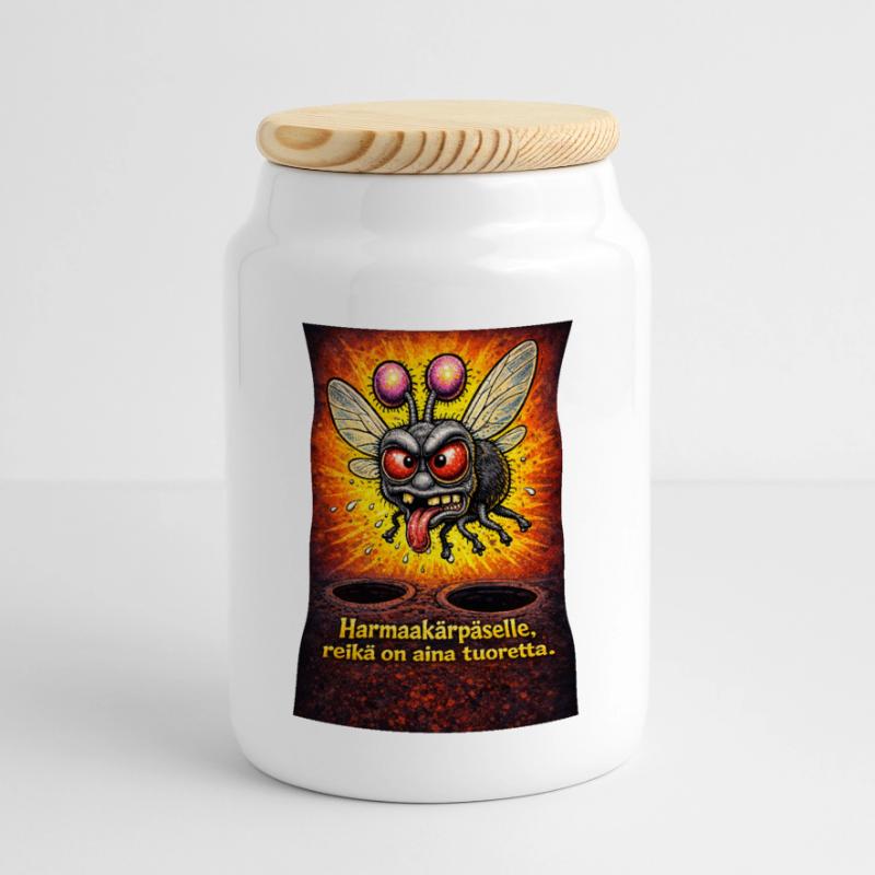 For a grey fly, the hole is always a source of dust Panoramic Cookie Jar with Wooden Lid