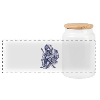 Gardien Errant avec bâton et capuche - Boîte à biscuits avec couvercle en bois - blanc - Devant