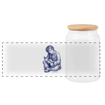 Lecteur mélancolique | Dessin peint à la main - Boîte à biscuits avec couvercle en bois - blanc - Devant