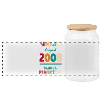2008 – Vintage – Aged to perfection - Panoramic Cookie Jar with Wooden Lid - white - Front
