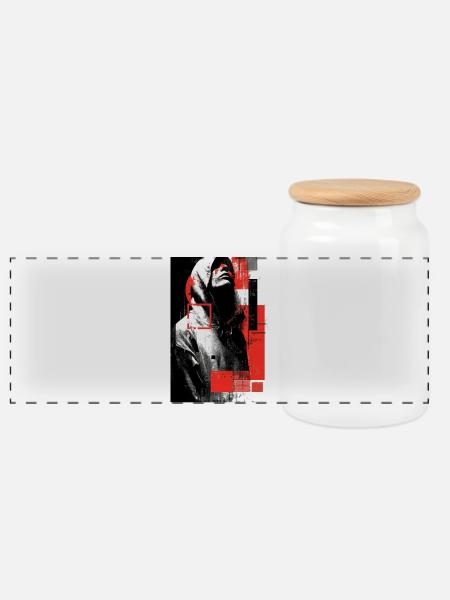 Glitch face in red gloss - Panoramic Cookie Jar with Wooden Lid - white