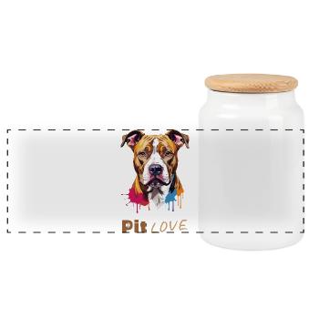 Pit LOVE: Bunte Pitbull-Illustration/Portrait - Panorama Keksdose mit Holzdeckel - Weiß - Vorne