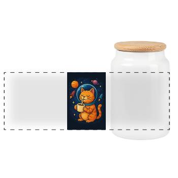 Chat en combinaison spatiale buvant du café - Boîte à biscuits avec couvercle en bois - blanc - Devant