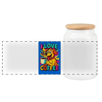 I Love Coffee Dog Cartoon - Panoramic Cookie Jar with Wooden Lid - white - Front