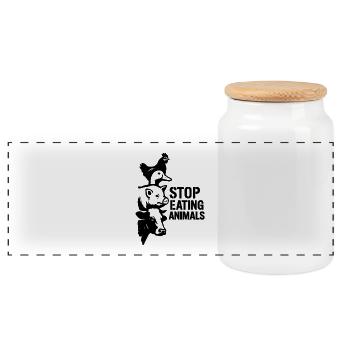STOP EATING ANIMALS - Panoramic Cookie Jar with Wooden Lid - white - Front