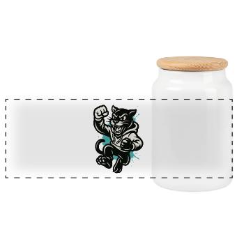 Fighting Cat in Hoodie - Panoramic Cookie Jar with Wooden Lid - white - Front