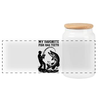 Angler Pike Silhouette Shirt – Fishing Humor - Panoramic Cookie Jar with Wooden Lid - white - Front