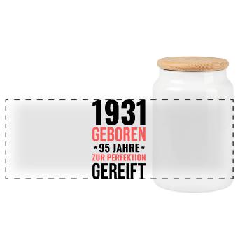 Born in 1931 – Matured to perfection - Panoramic Cookie Jar with Wooden Lid - white - Front