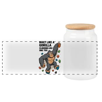 Bouldering Funny – Gorilla Cartoon Climbing Shirt - Panoramic Cookie Jar with Wooden Lid - white - Front