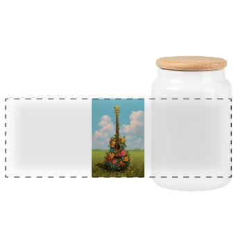 Floral Guitar in Meadow - Panoramic Cookie Jar with Wooden Lid - white - Front