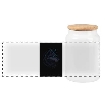 Schwarzer Wolf neonblau - Panorama Keksdose mit Holzdeckel - Weiß - Vorne