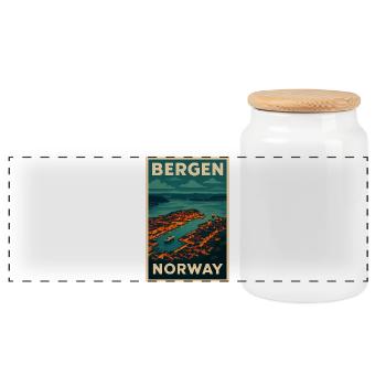 Bergen Norway – Retro Travel Poster Harbour View - Panoramic Cookie Jar with Wooden Lid - white - Front