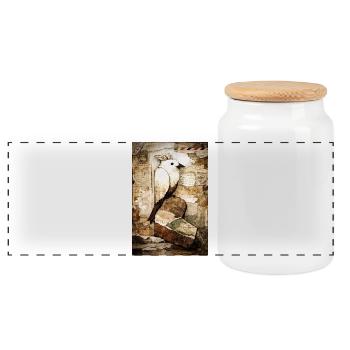 White Parrot in Vintage Collage - Panoramic Cookie Jar with Wooden Lid - white - Front