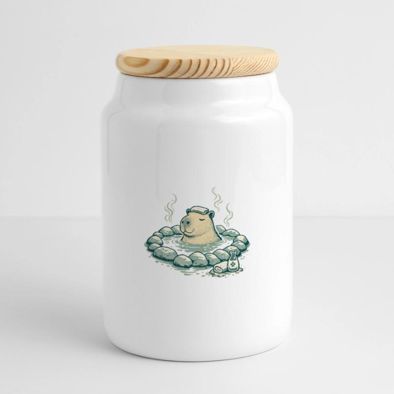 Capybara dans le bain de source Boîte à biscuits avec couvercle en bois