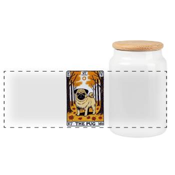 Pug Tarot in Autumn Forest - Panoramic Cookie Jar with Wooden Lid - white - Front