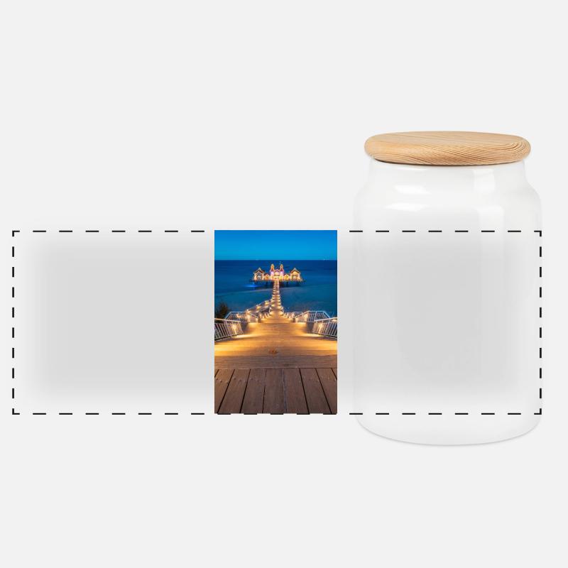 Seebrücke am Ostsee Strand - Panorama Keksdose mit Holzdeckel - Weiß