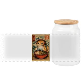 Japanese Ramen Cat Gaming Otaku Noodle Bowl - Panoramic Cookie Jar with Wooden Lid - white - Front
