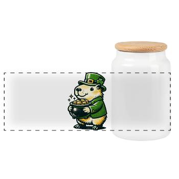 Capybara Lucky Leprechaun Gold Pot Gift Funny - Panoramic Cookie Jar with Wooden Lid - white - Front