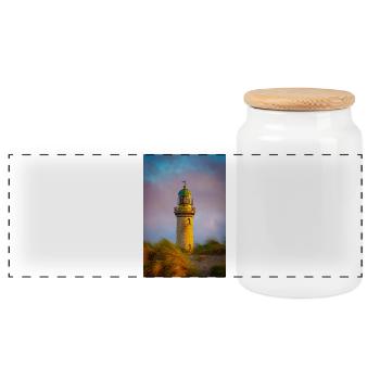 Phare de Warnemünde au coucher du soleil - Boîte à biscuits avec couvercle en bois - blanc - Devant