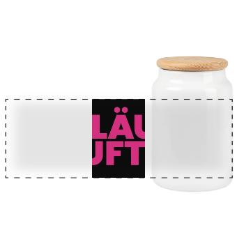 Running Fuchsia Typo-Bold on Black - Panoramic Cookie Jar with Wooden Lid - white - Front