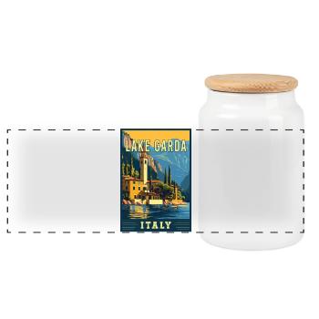 Explore Beauty of Lake Garda in Italy - Panoramic Cookie Jar with Wooden Lid - white - Front