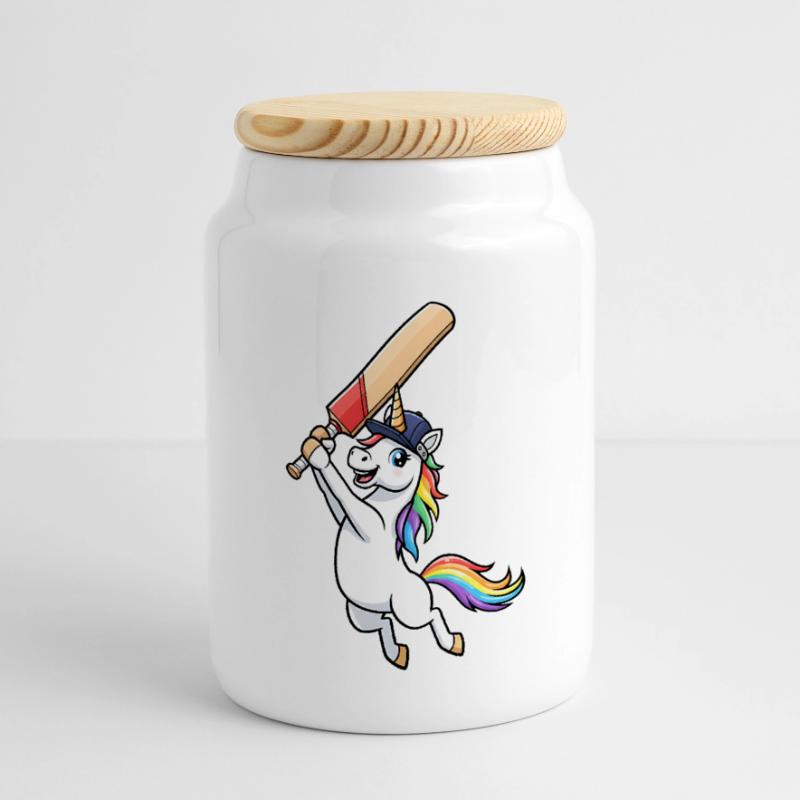 Unicorn Cricket Player Rainbow Fun Pojemnik na herbatniki z drewnianą pokrywką