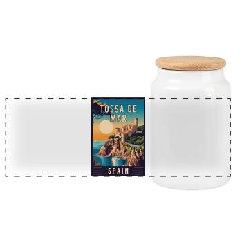 Discover Captivating Tossa de Mar in Spain - Panoramic Cookie Jar with Wooden Lid - white - Front