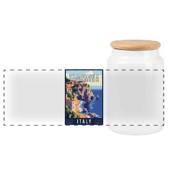 Discover Beauty of Taormina in Italy - Panoramic Cookie Jar with Wooden Lid - white - Front