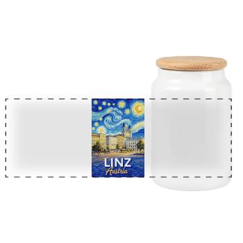 Linz, Österreich - Panorama Keksdose mit Holzdeckel - Weiß - Vorne