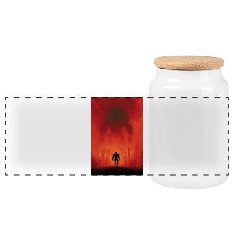 Crimson Colossus Over Ruined City - Panoramic Cookie Jar with Wooden Lid - white - Front