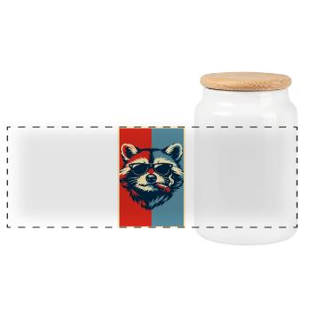 Waschbär-Pop-Art: Sonnenbrillen-Zigarre - Panorama Keksdose mit Holzdeckel - Weiß - Vorne