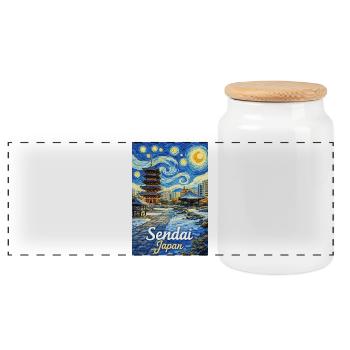 Sendai, Japan - Panoramic Cookie Jar with Wooden Lid - white - Front