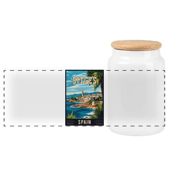 Explore Vibrant Charm of Sitges in Spain - Panoramic Cookie Jar with Wooden Lid - white - Front