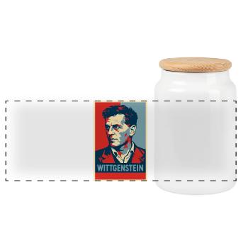 Wittgenstein Pop Portrait - Panoramic Cookie Jar with Wooden Lid - white - Front