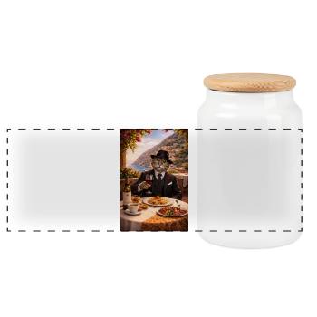 Chat en costume Dolce Vita avec des pâtes - Boîte à biscuits avec couvercle en bois - blanc - Devant