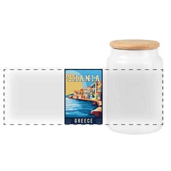 Discover Stunning Chania in Greece - Panoramic Cookie Jar with Wooden Lid - white - Front