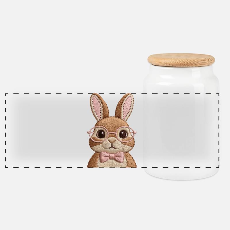 Süßer Osterhase mit Brille & Schleife – Stickoptik - Panorama Keksdose mit Holzdeckel - Weiß