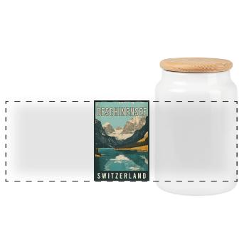 Discover Alpine Gem Oeschinensee in Switzerland - Panoramic Cookie Jar with Wooden Lid - white - Front