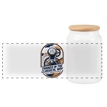 Trained in Classical Manual Transmission driver  - Panoramic Cookie Jar with Wooden Lid - white - Front