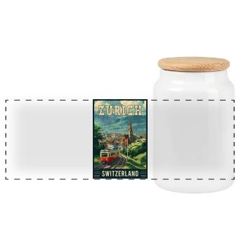 Discover Zurich in Switzerland Vintage Travel Art - Panoramic Cookie Jar with Wooden Lid - white - Front