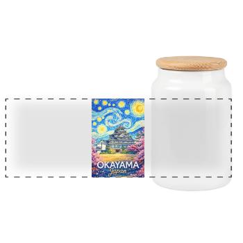 Okayama Japan - Panoramic Cookie Jar with Wooden Lid - white - Front