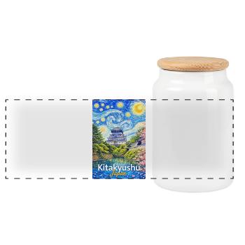 Kitakyushu, Japan - Panoramic Cookie Jar with Wooden Lid - white - Front