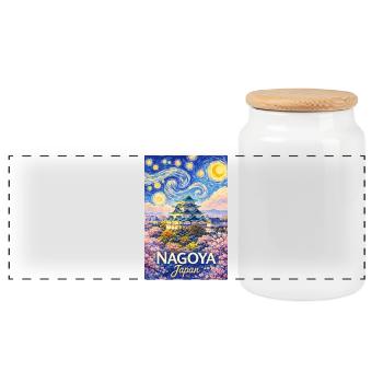 Nagoya Japan - Panoramic Cookie Jar with Wooden Lid - white - Front