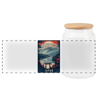 Experience Tranquility of Nikko in Japan - Panoramic Cookie Jar with Wooden Lid - white - Front