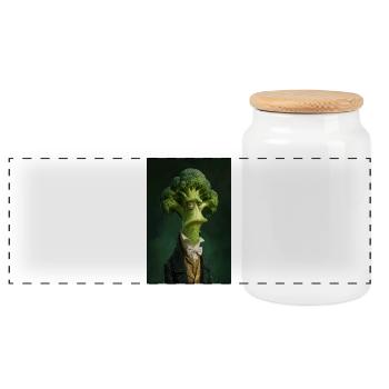 Broccoli Gentleman in Victorian Attire - Panoramic Cookie Jar with Wooden Lid - white - Front