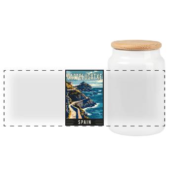 Explore Enchantment of Gaztelugatxe in Spain - Panoramic Cookie Jar with Wooden Lid - white - Front