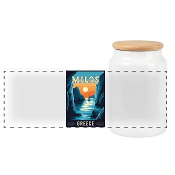 Explore Breathtaking Beauty of Milos in Greece - Panoramic Cookie Jar with Wooden Lid - white - Front