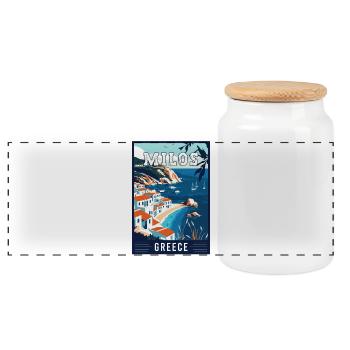 Experience Breathtaking Beauty of Milos in Greece - Panoramic Cookie Jar with Wooden Lid - white - Front