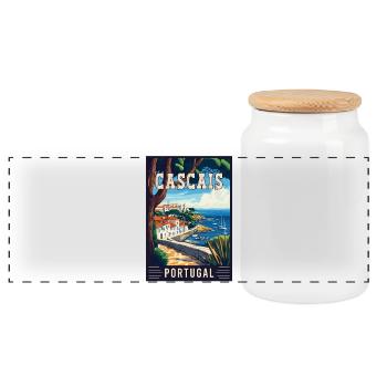 Discover Coastal Beauty of Cascais in Portugal - Panoramic Cookie Jar with Wooden Lid - white - Front