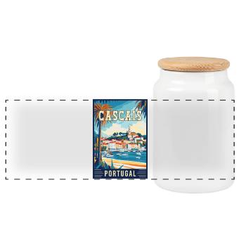 Explore Coastal Beauty of Cascais in Portugal - Panoramic Cookie Jar with Wooden Lid - white - Front